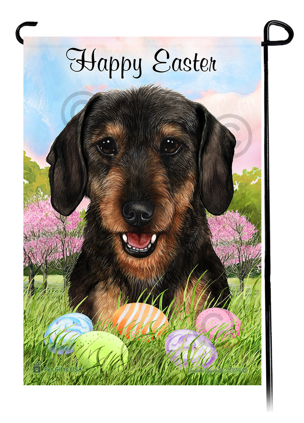 Dachshund Wirehaired Black and Tan Happy Easter Garden Flag