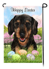 Dachshund Wirehaired Black and Tan Happy Easter Garden Flag