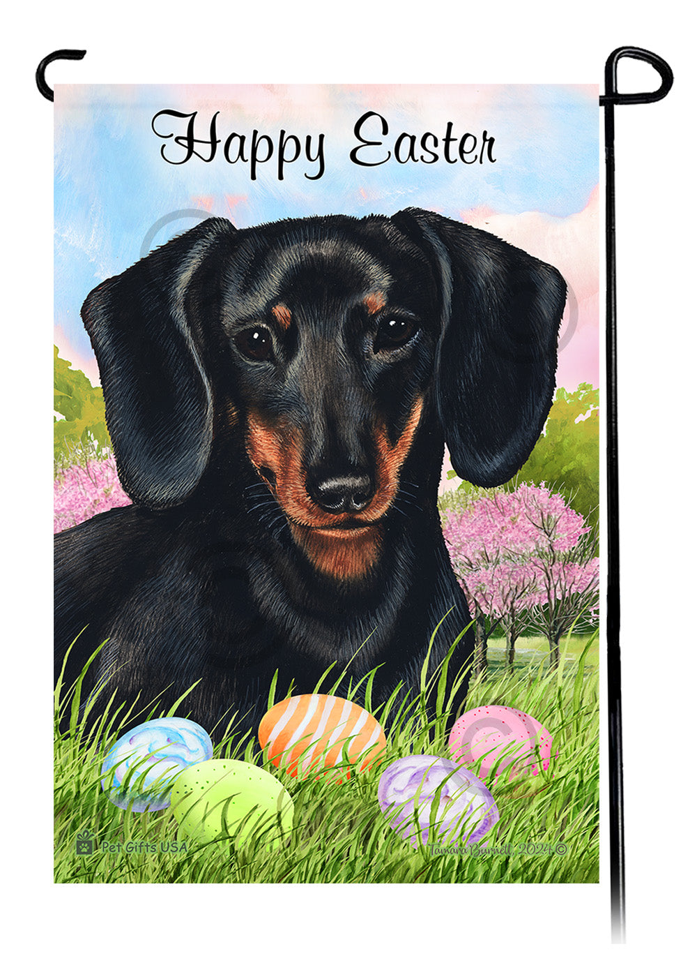 Dachshund Smooth Black and Tan 2 Happy Easter Garden Flag