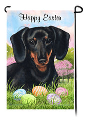 Dachshund Smooth Black and Tan 2 Happy Easter Garden Flag