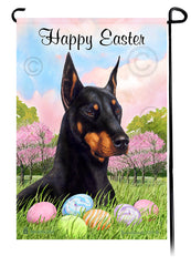 Doberman Pinscher Black and Tan Cropped Happy Easter Garden Flag
