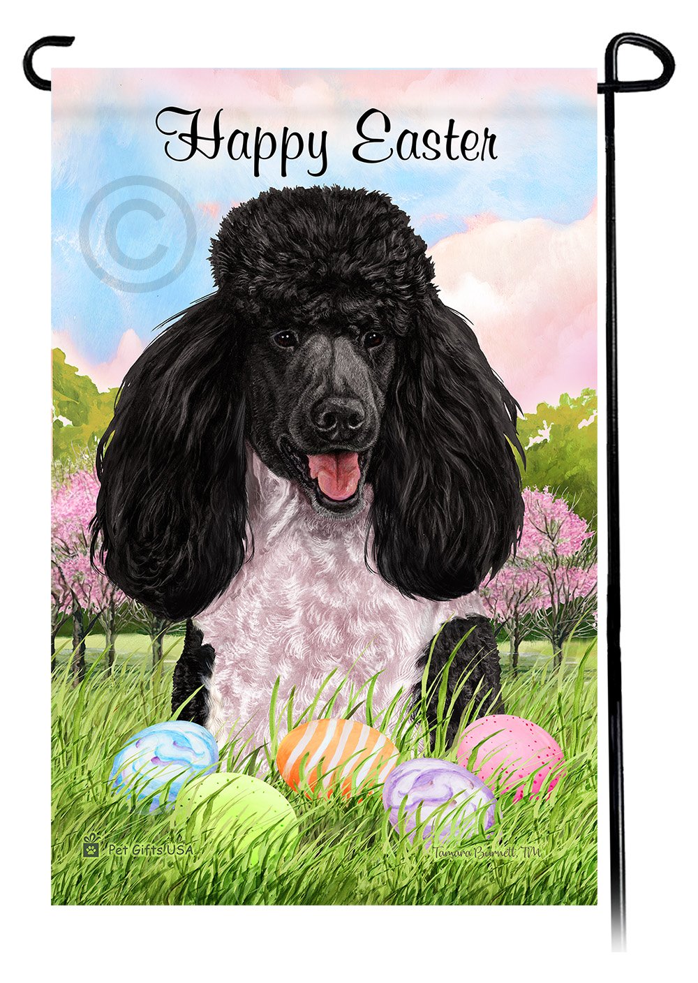Poodle Standard Black and White Parti Happy Easter Garden Flag