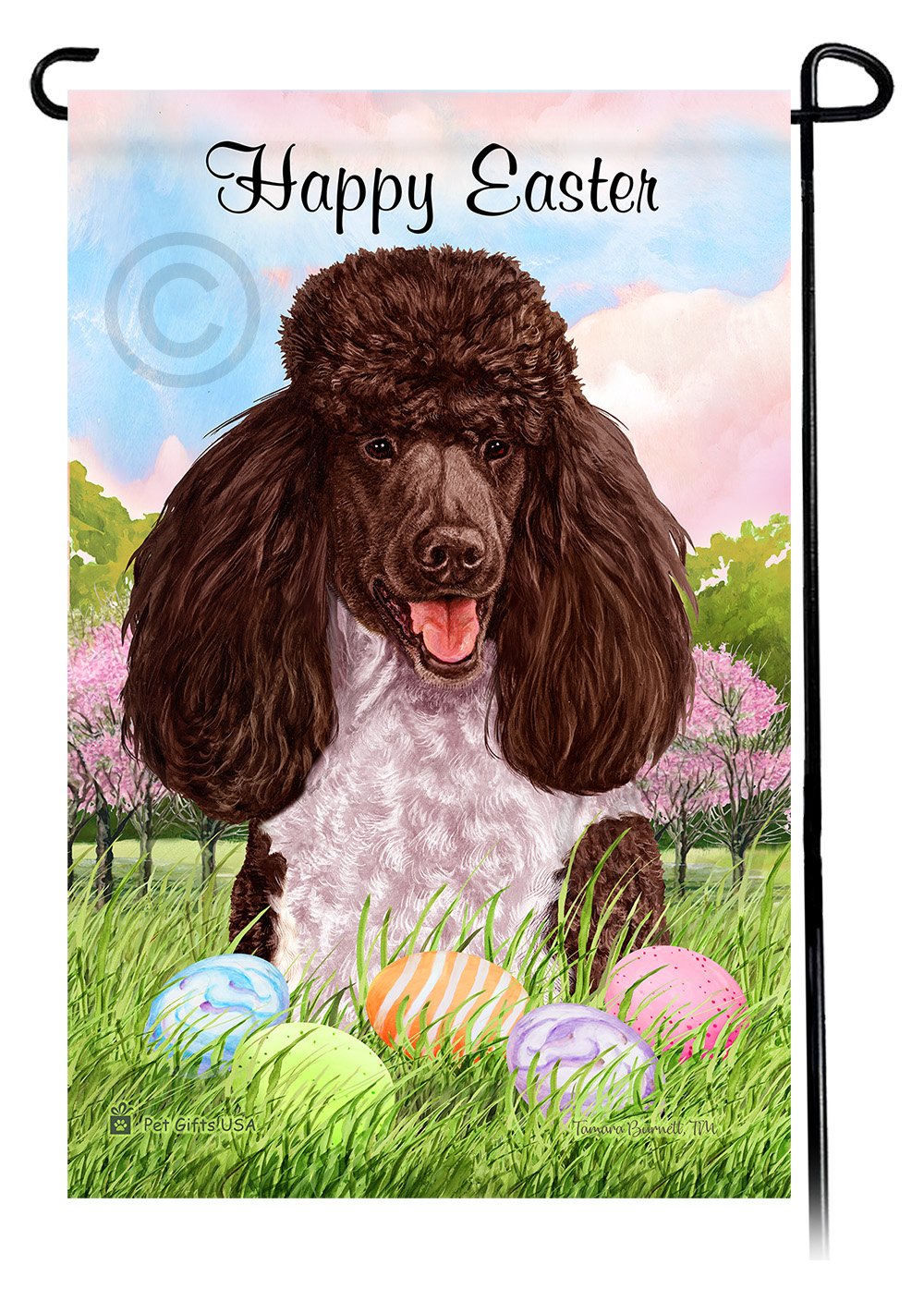 Poodle Standard Chocolate and White Parti Happy Easter Garden Flag