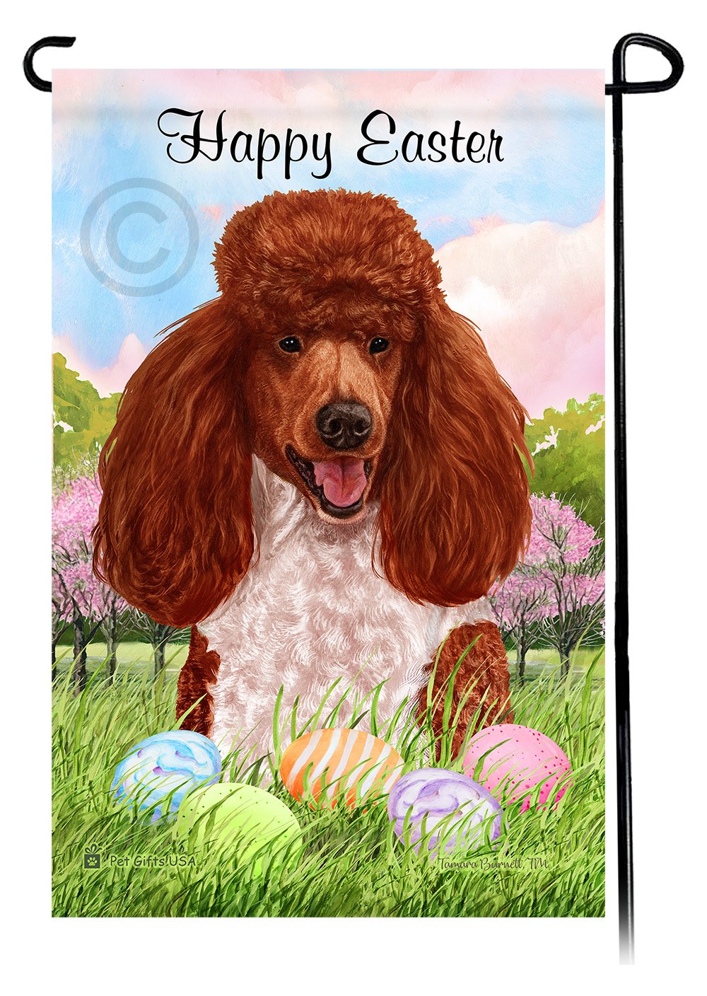 Poodle Standard Red and White Parti Happy Easter Garden Flag