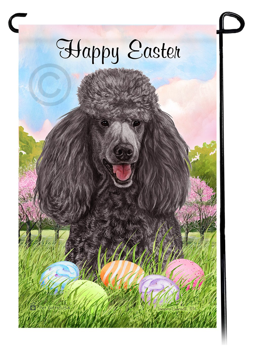 Poodle Standard Silver and White Parti Happy Easter Garden Flag