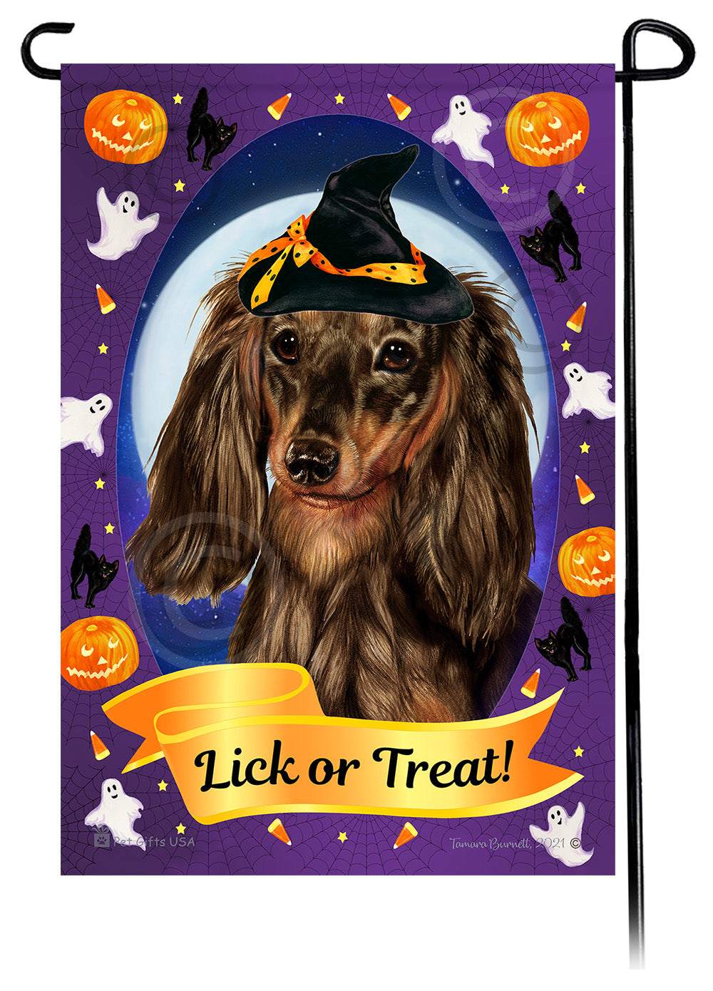 Dachshund (LH Chocolate Dapple) - Halloween Howls Garden Flag