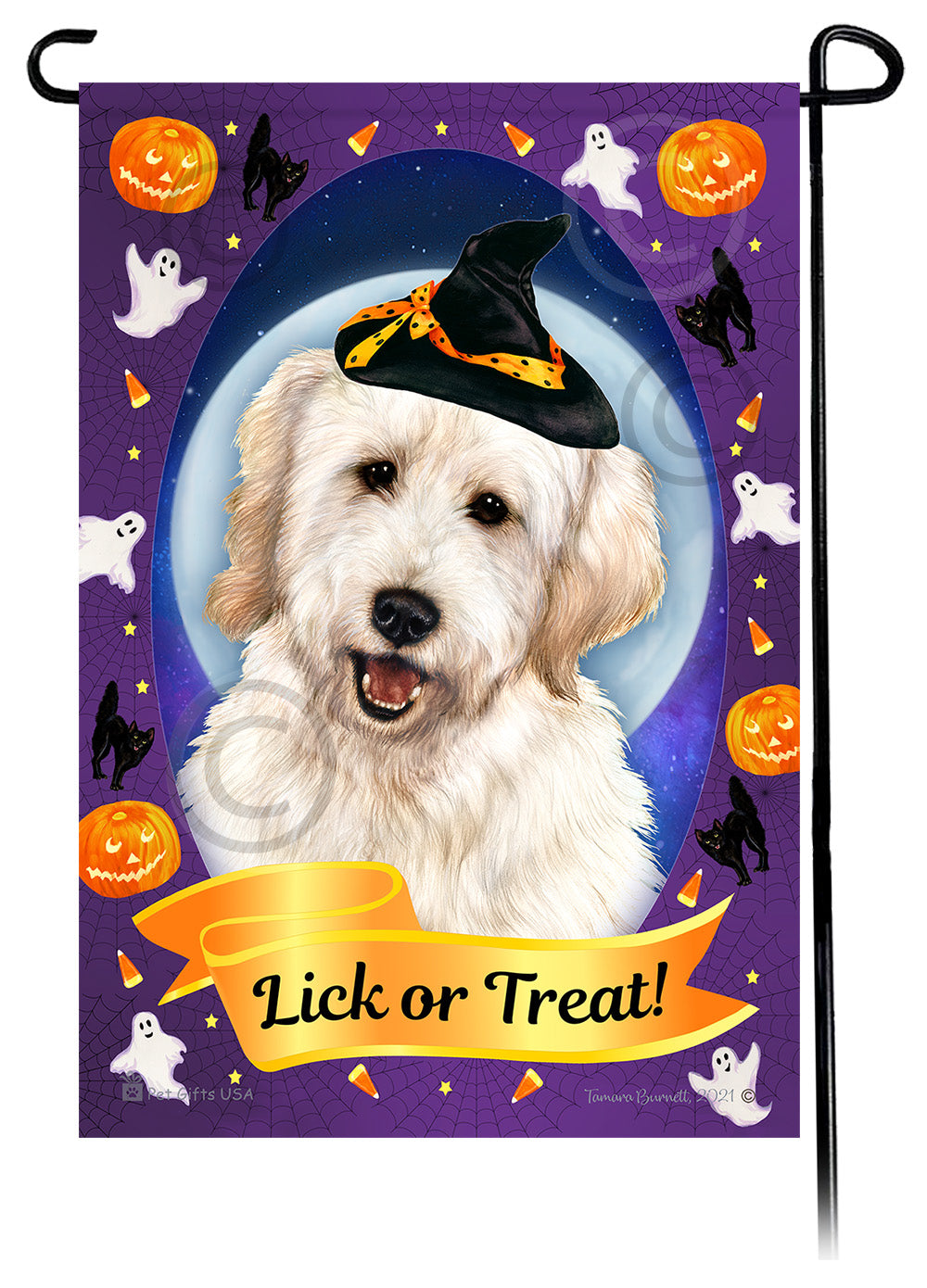 Goldendoodle (White) - Halloween Howls Garden Flag