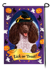 Poodle Standard (Chocolate and White Parti) - Halloween Howls Garden Flag