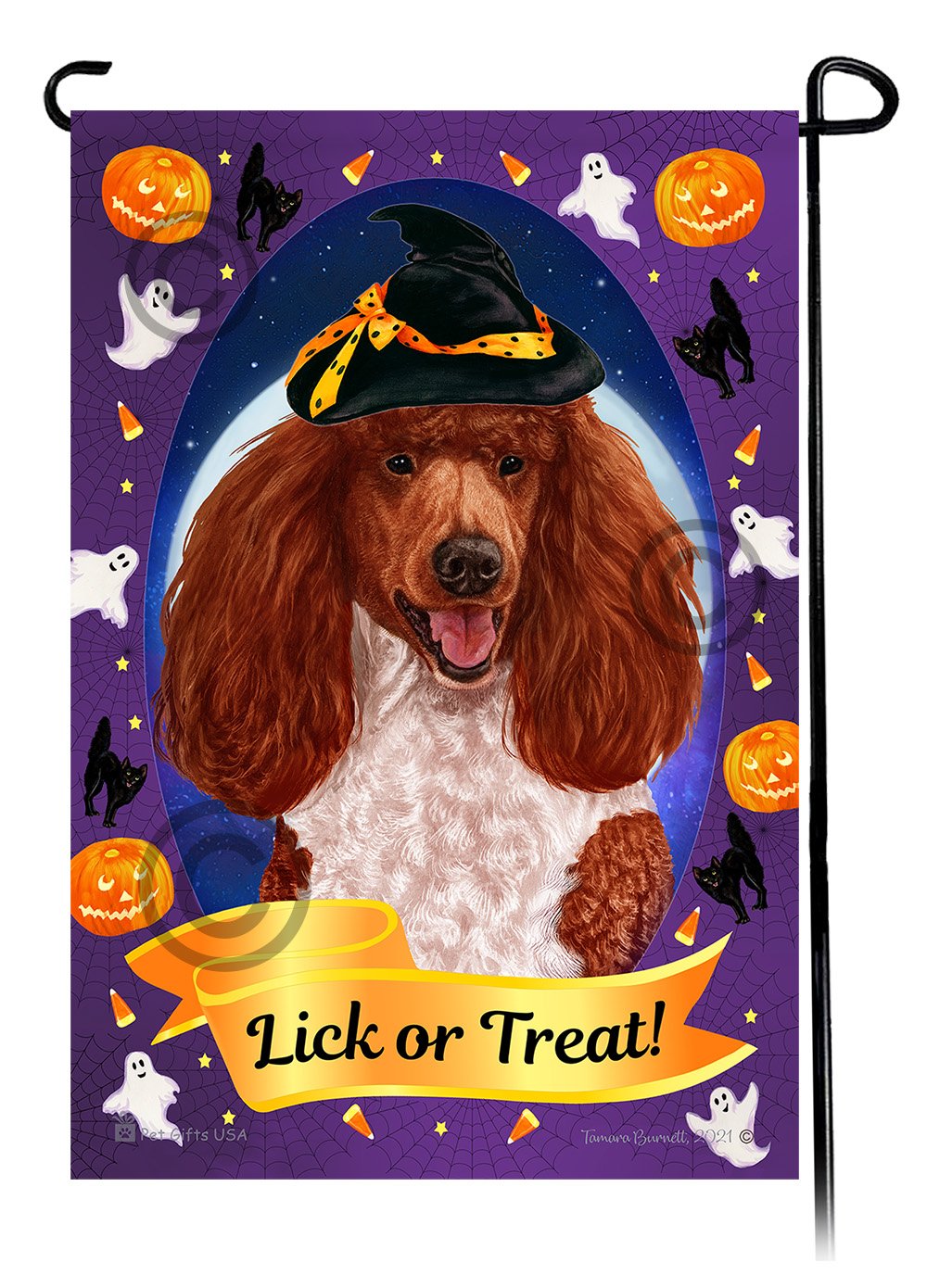 Poodle Standard (Red and White Parti) - Halloween Howls Garden Flag
