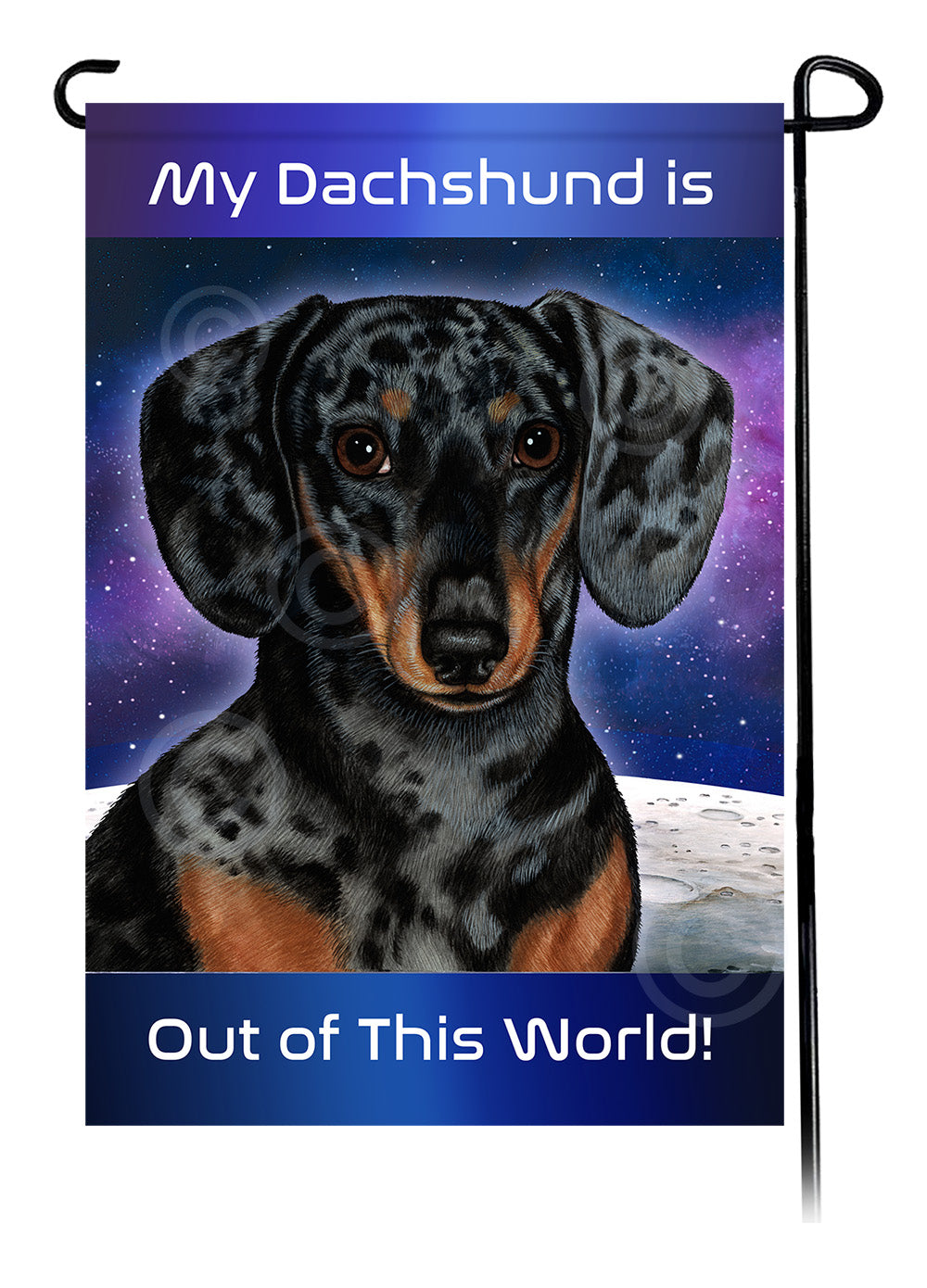 Dachshund SH Dapple Dark Black and Tan - Out Of This World Garden Flag