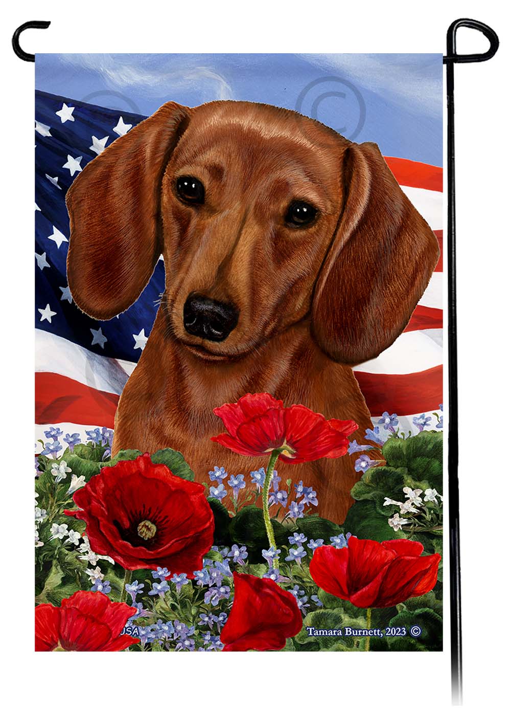 Dachshund Short Haired Red - Patriotic Flowers Garden Flag