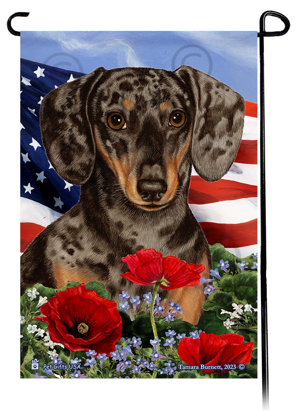 Dachshund Short Haired Dapple Chocolate and Tan - Patriotic Flowers Garden Flag