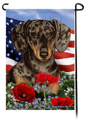 Dachshund Short Haired Dapple Chocolate and Tan - Patriotic Flowers Garden Flag