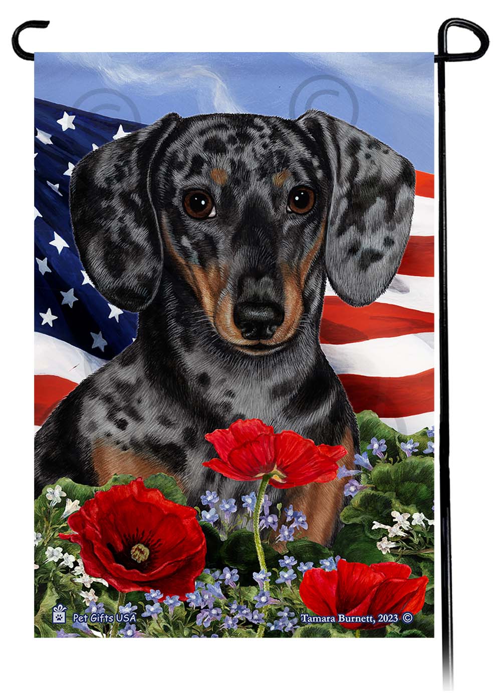 Dachshund Short Haired Dapple Light Black and Tan - Patriotic Flowers Garden Flag