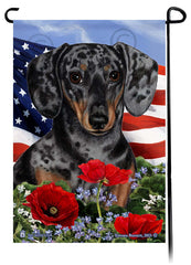 Dachshund Short Haired Dapple Light Black and Tan - Patriotic Flowers Garden Flag