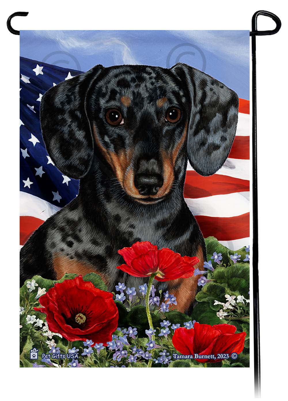 Dachshund Short Haired Dapple Dark Black and Tan - Patriotic Flowers Garden Flag