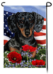 Dachshund Short Haired Dapple Dark Black and Tan - Patriotic Flowers Garden Flag