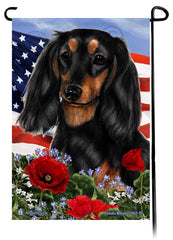 Dachshund Long Haired Black and Tan - Patriotic Flowers Garden Flag