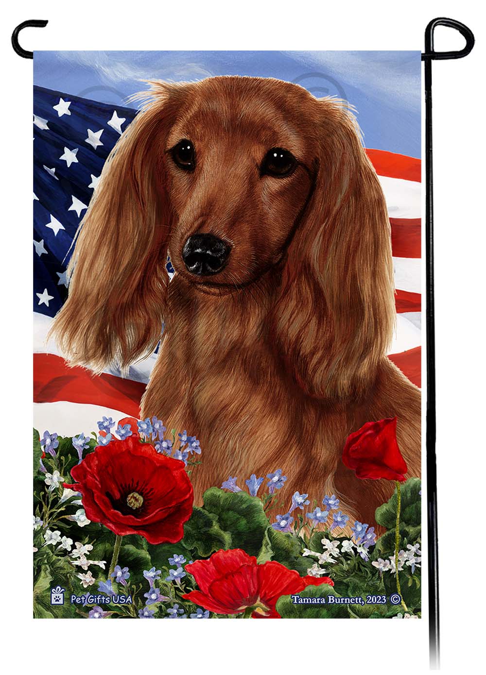 Dachshund Long Haired Red - Patriotic Flowers Garden Flag