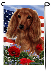 Dachshund Long Haired Red - Patriotic Flowers Garden Flag