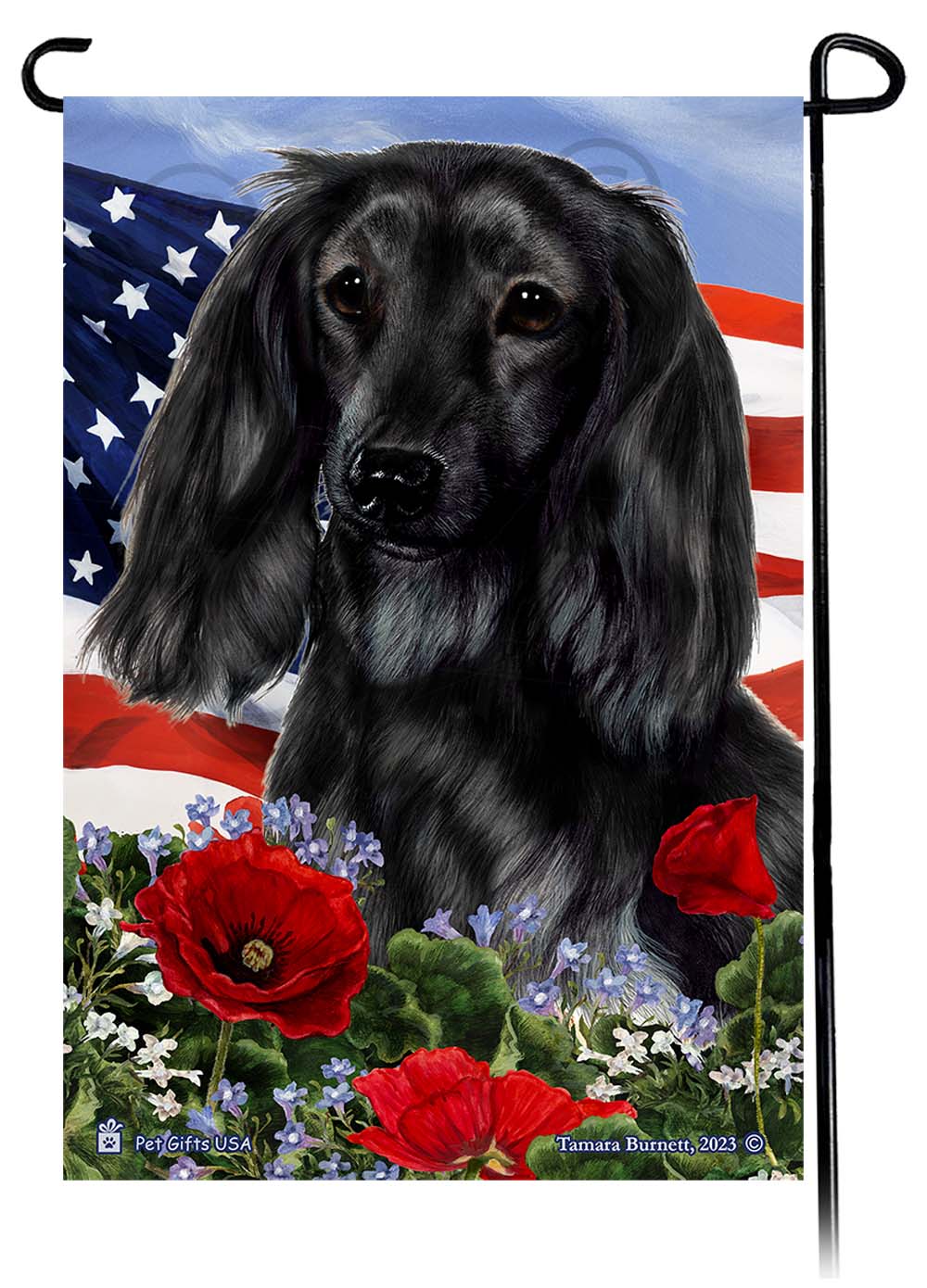 Dachshund Long Haired Black - Patriotic Flowers Garden Flag