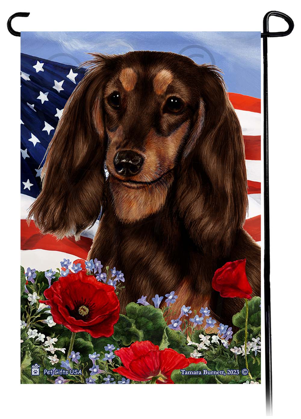 Dachshund Long Haired Chocolate and Tan - Patriotic Flowers Garden Flag