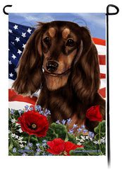 Dachshund Long Haired Chocolate and Tan - Patriotic Flowers Garden Flag