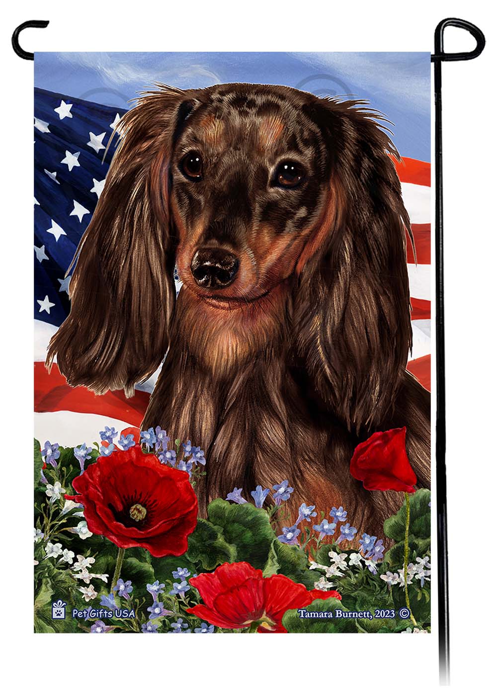 Dachshund Long Haired Chocolate Dapple - Patriotic Flowers Garden Flag