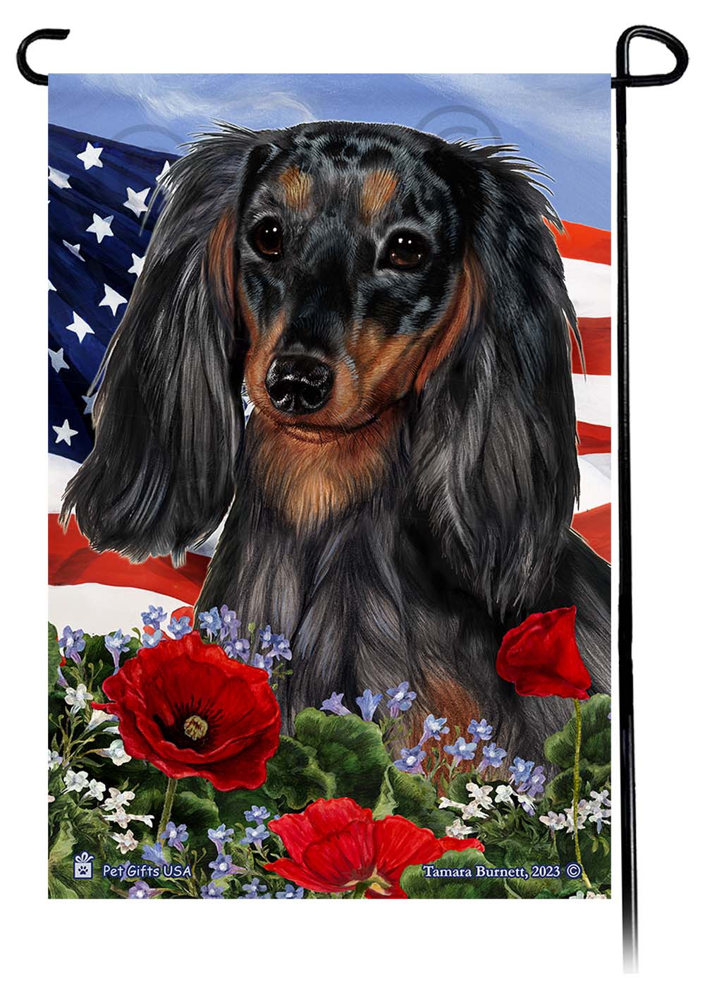 Dachshund Long Haired Dark Black and Tan Dapple - Patriotic Flowers Garden Flag