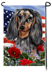 Dachshund Long Haired Light Black and Tan Dapple - Patriotic Flowers Garden Flag