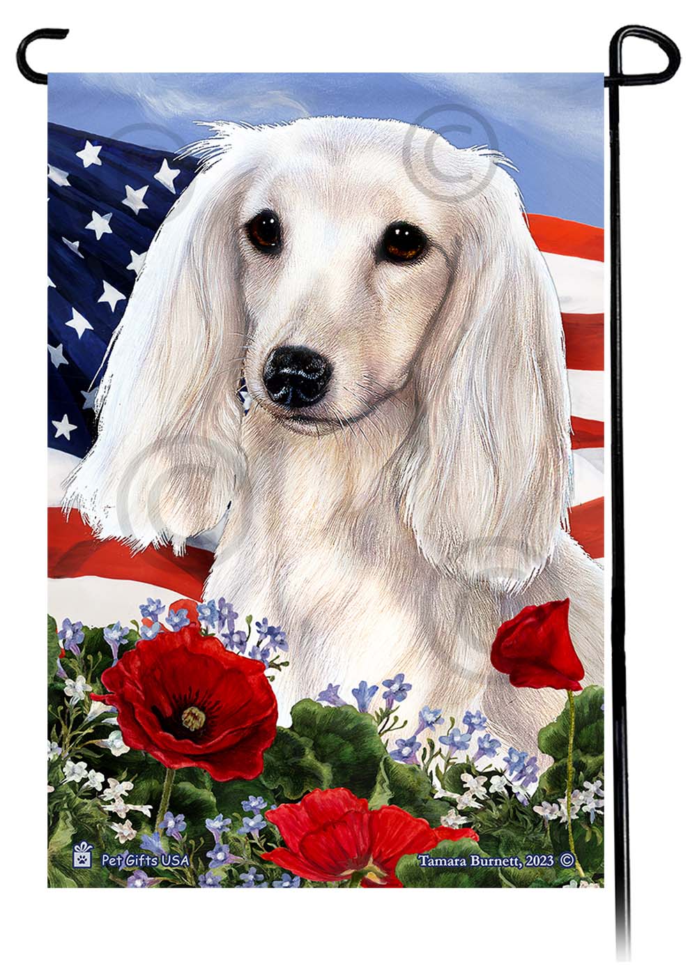 Dachshund Long Haired White - Patriotic Flowers Garden Flag