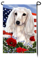 Dachshund Long Haired White - Patriotic Flowers Garden Flag