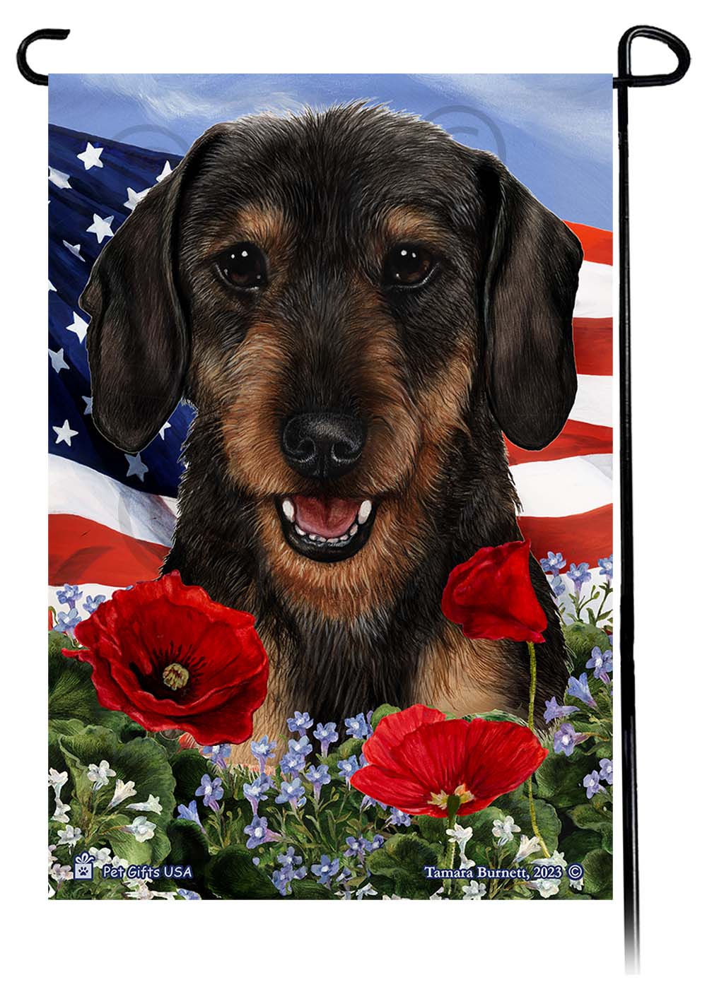Dachshund Wire Haired Black and Tan - Patriotic Flowers Garden Flag