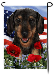Dachshund Wire Haired Black and Tan - Patriotic Flowers Garden Flag