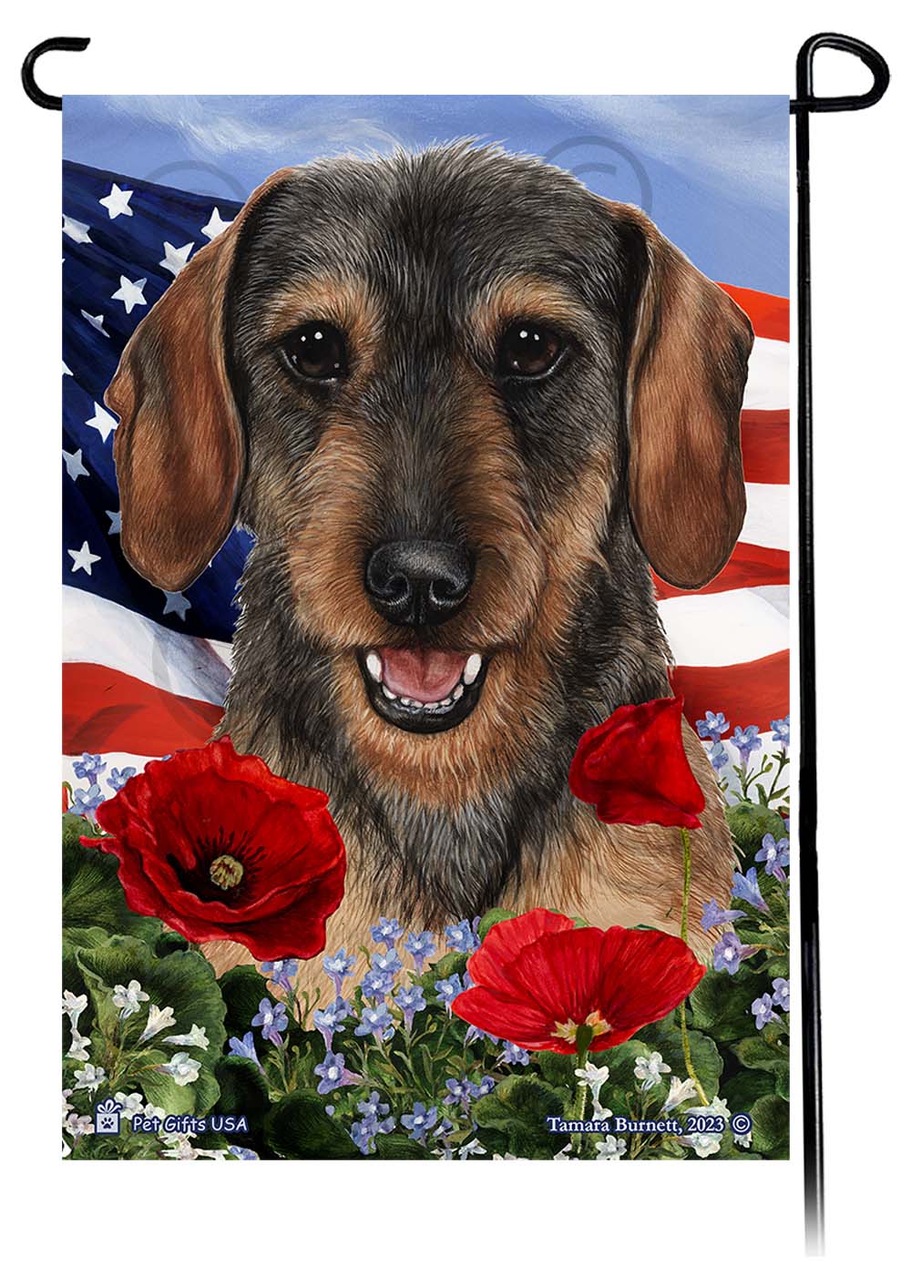 Dachshund Wire Haired Wild Boar - Patriotic Flowers Garden Flag