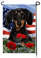Dachshund Short Haired Black and Tan - Patriotic Flowers Garden Flag