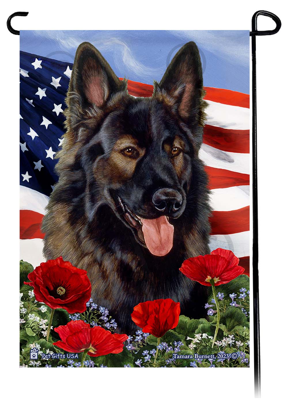 German Shepherd Brown Plush - Patriotic Flowers Garden Flag