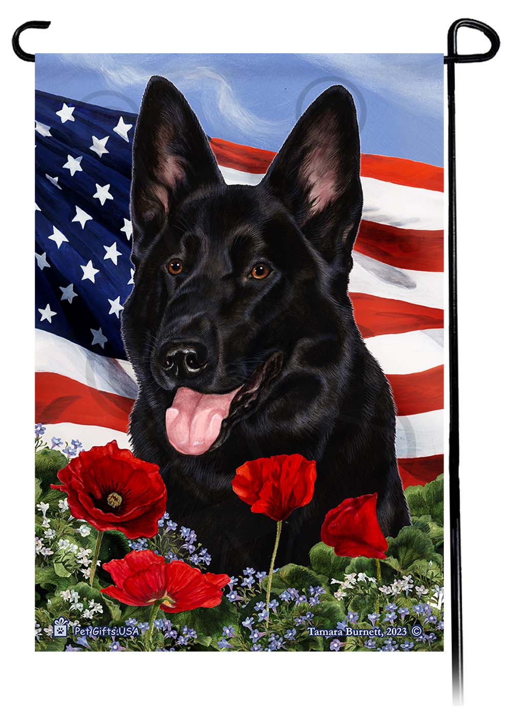 German Shepherd Black - Patriotic Flowers Garden Flag