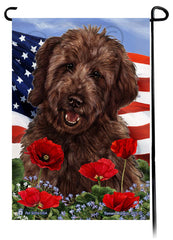 Goldendoodle Chocolate - Patriotic Flowers Garden Flag
