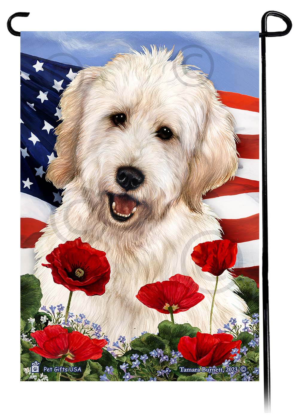Goldendoodle White - Patriotic Flowers Garden Flag