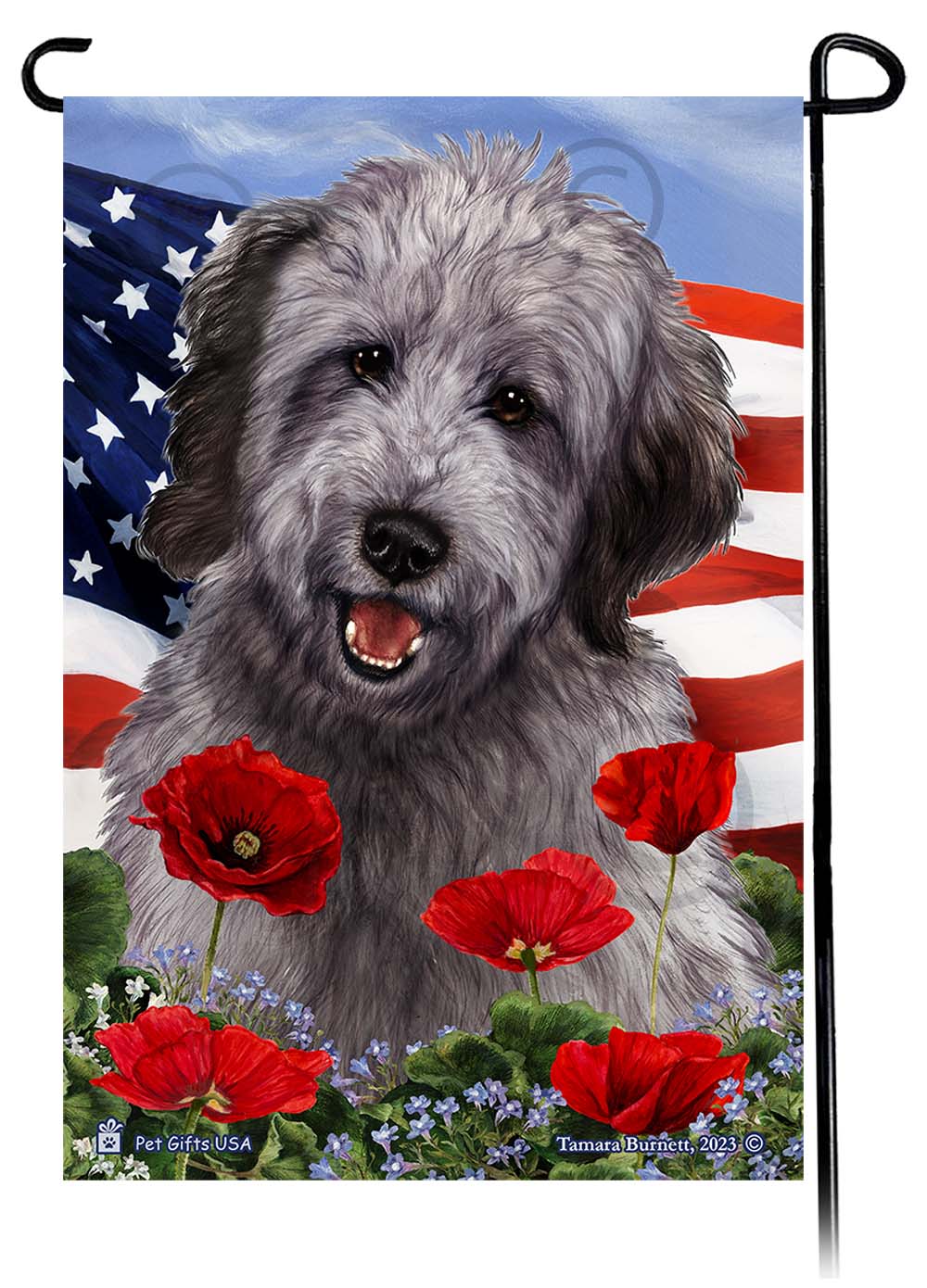 Goldendoodle Grey - Patriotic Flowers Garden Flag
