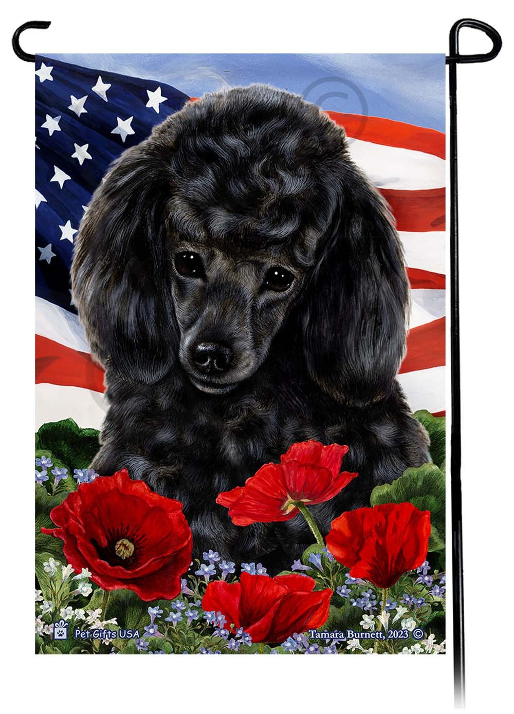 Poodle Black - Patriotic Flowers Garden Flag
