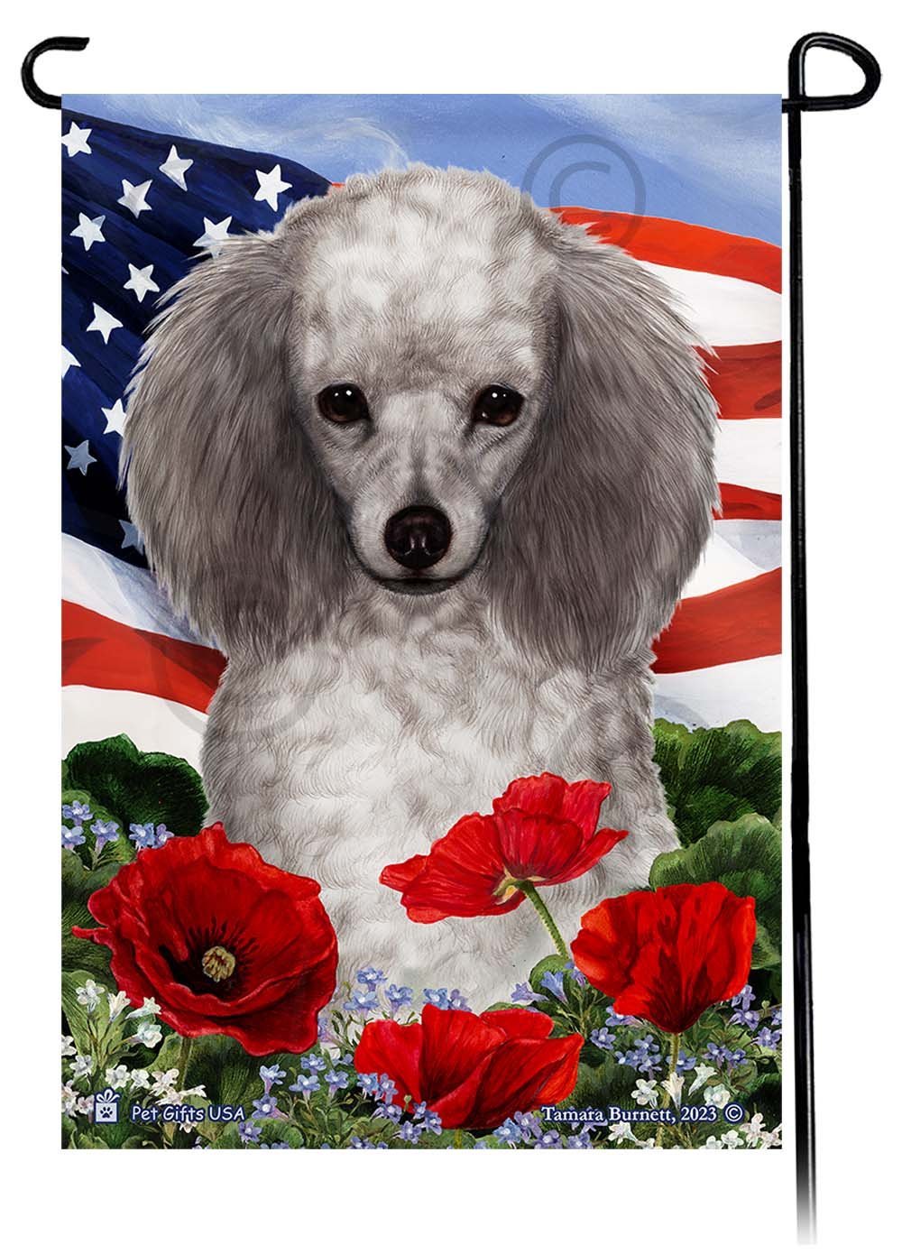 Poodle Silver - Patriotic Flowers Garden Flag