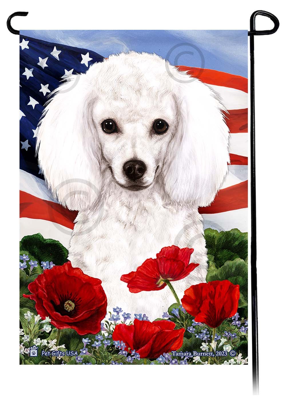 Poodle White - Patriotic Flowers Garden Flag