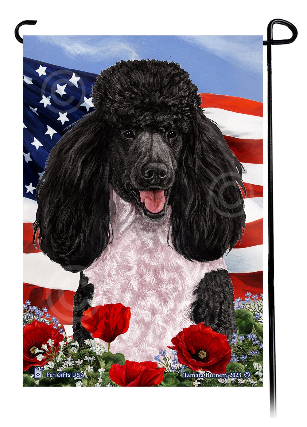 Standard Poodle Black and White Parti - Patriotic Flowers Garden Flag