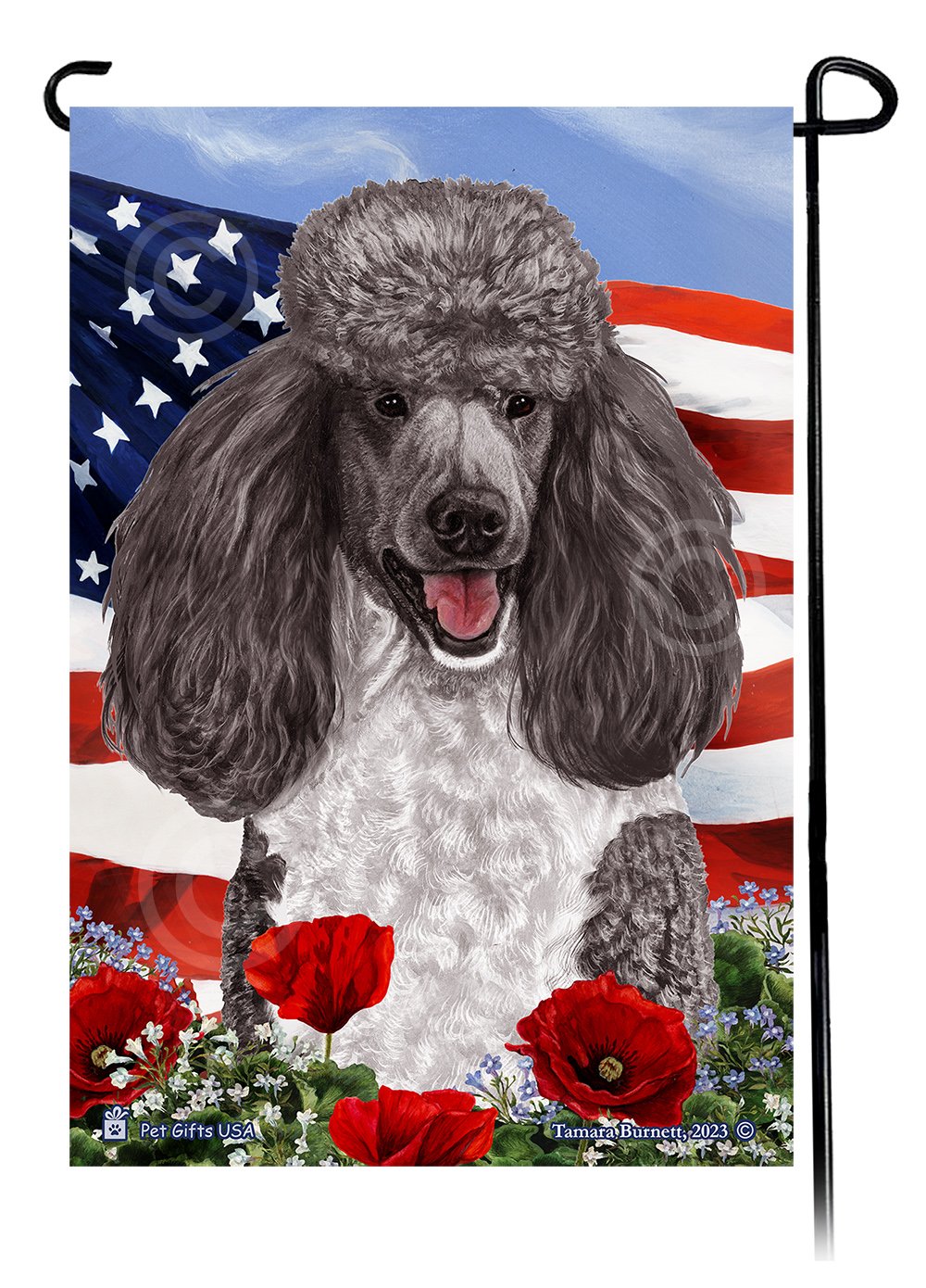 Standard Poodle Silver and White - Patriotic Flowers Garden Flag