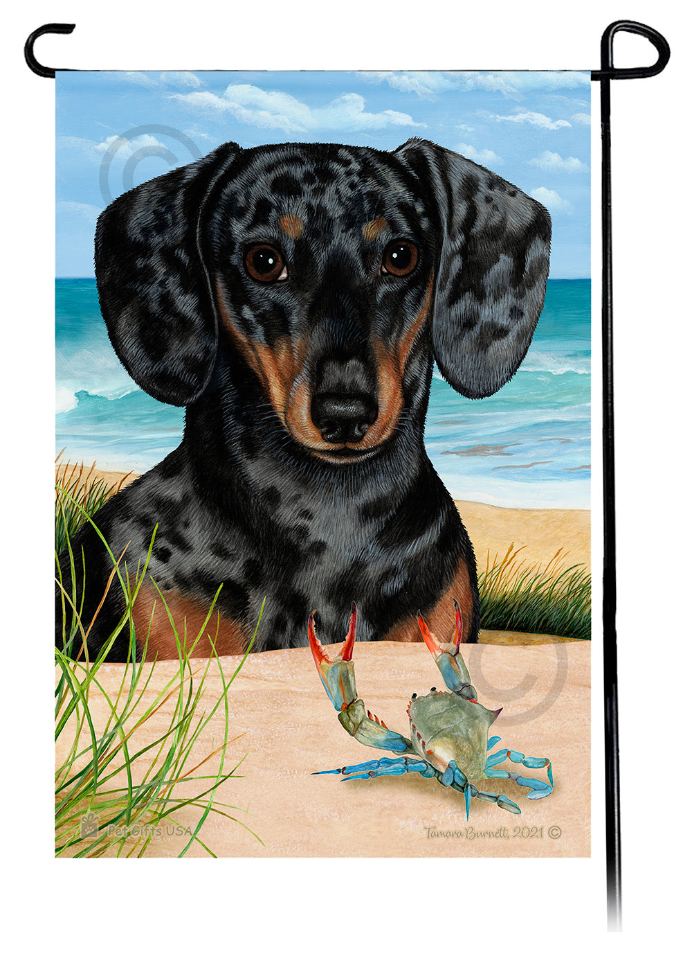 Dachshund Shorthair Dapple Dark Black and Tan Summer Beach Garden Flag