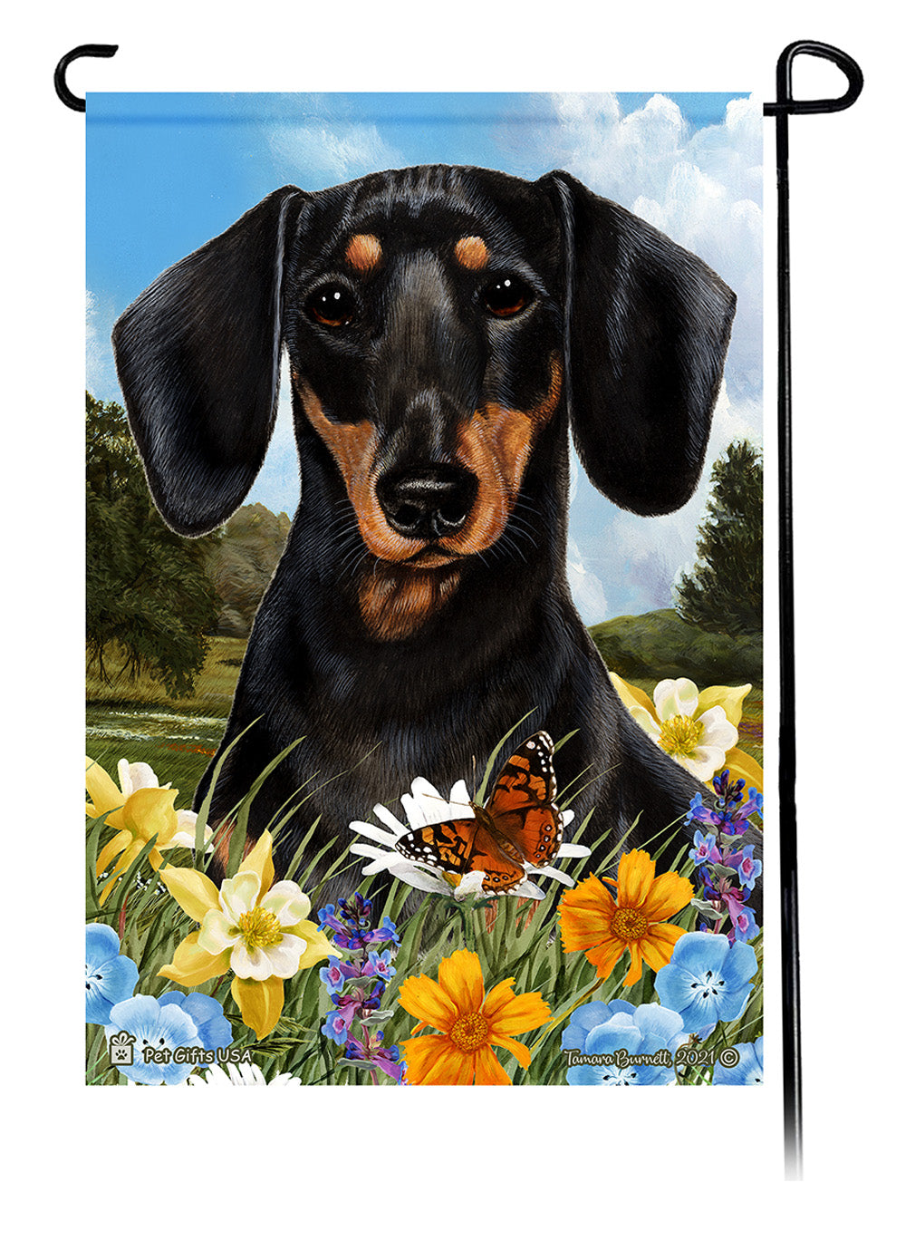 Dachshund SH Black and Tan Summer Flowers Garden Flag