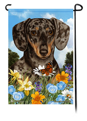 Dachshund SH Dapple Choc & Tan Summer Flowers Garden Flag
