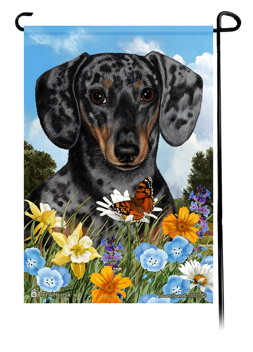 Dachshund Short Hair Dapple Light Black and Tan Summer Flowers Garden Flag